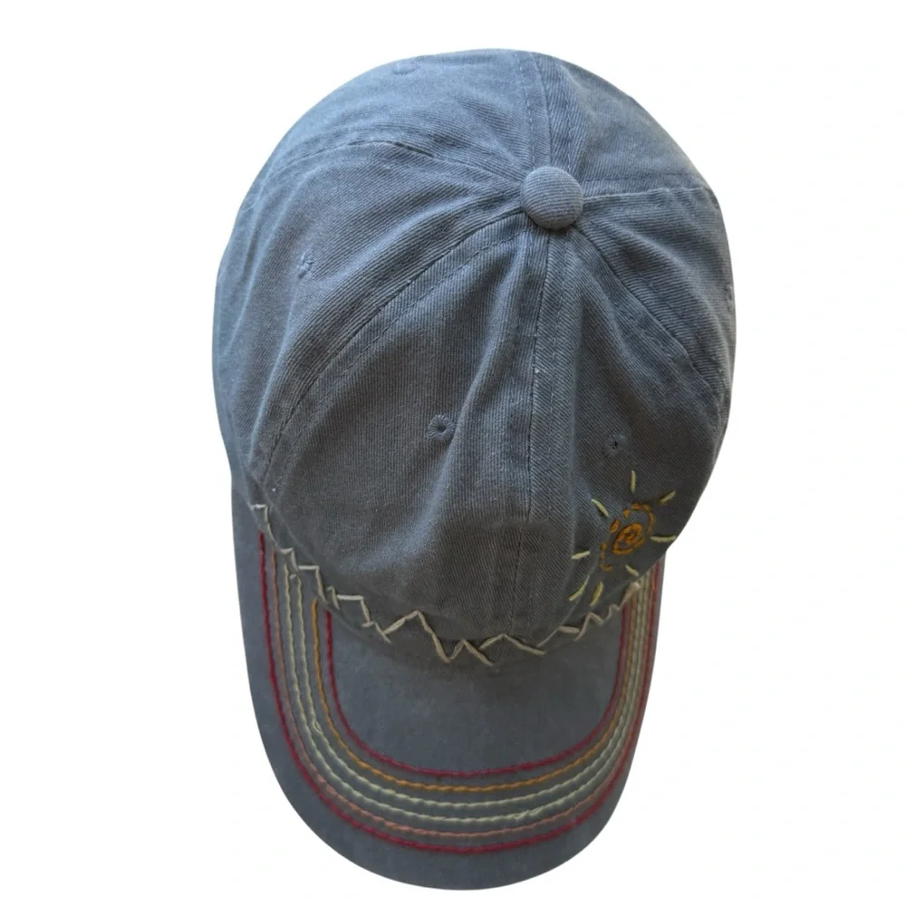 Boho Embroidered Strapback Cap Artsy artisan Nature Moiuntain Sun design